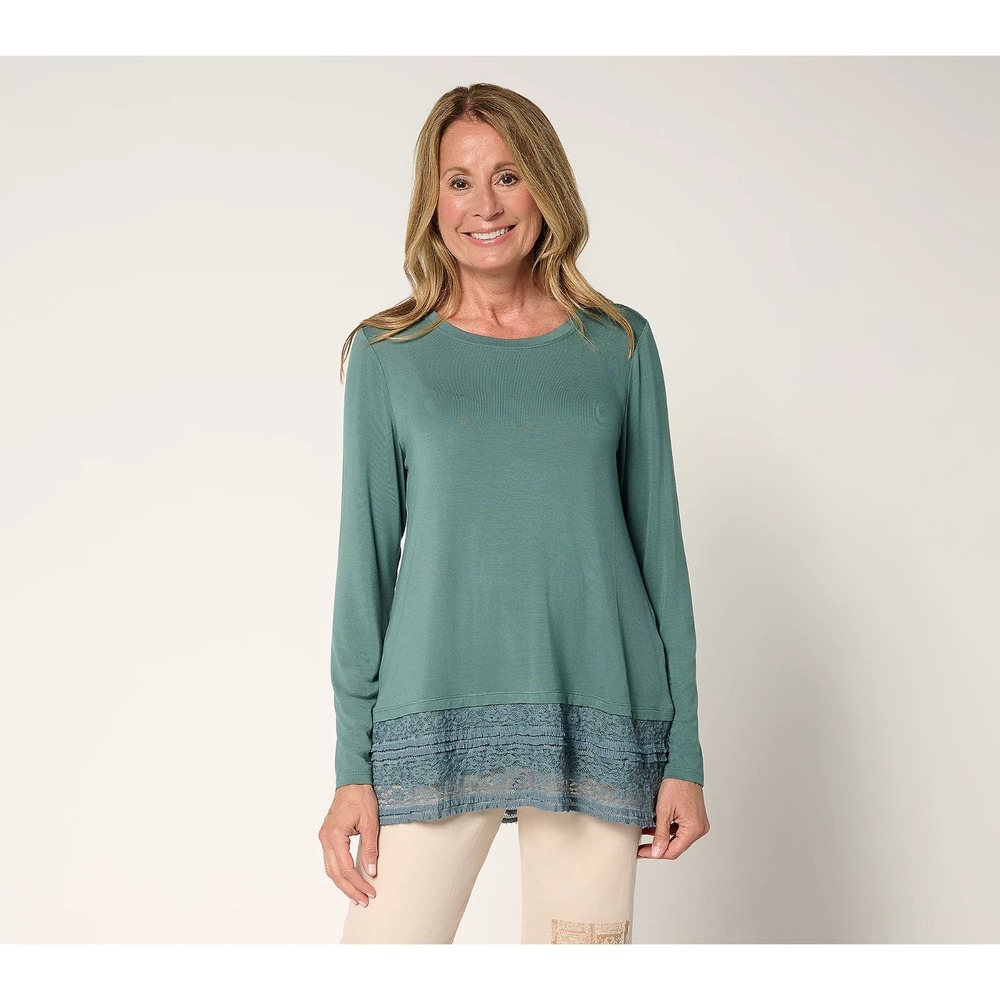 LOGO by Lori Goldstein Petite Long Sleeve Top with Lace Hem Harbor Teal, 1X #8-